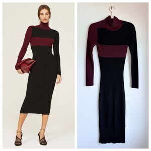 Atlein Collective Stripe Black & Burgundy Colorblock 100% Wool Knit Midi Dress S